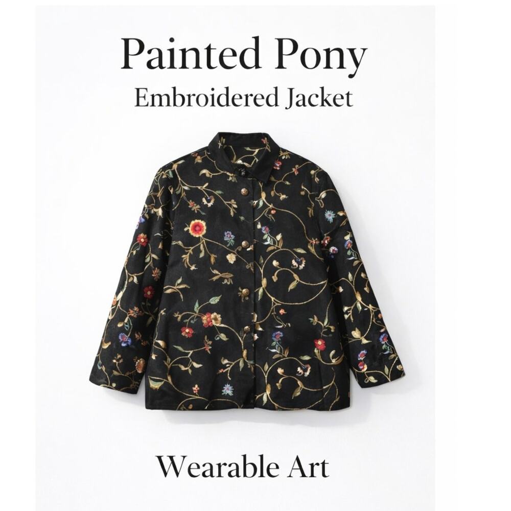 Painted Pony Jacket Black Embroidered Floral Button Front Artwear Womens Small